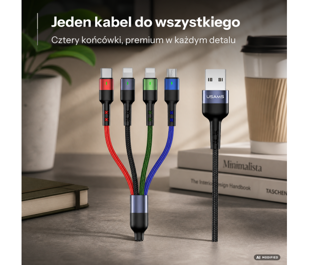 USAMS Kabel pleciony U26 4w1 3m 2A (2xlightning/microUSB/USB-C) - 1569003 - zdjęcie 2